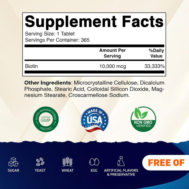 Vitamatic Biotin 10,000 mcg (10 mg) for Stronger Hair, Skin & Nails - 365 Vegan Tablets- Also Called Vitamin B7 (Pack of 2) 365 Count (Pack of 2)