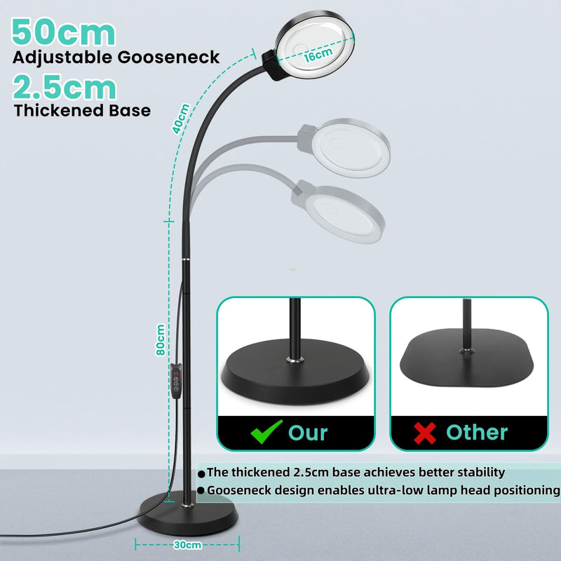 10X/30X Magnifying Glass with Light and Stand, 2-in-1 Magnifying Floor Lamp with 72 Adjustable Brightness LED Lamp Bulbs, Flexible Gooseneck Standing Magnifying Lamp for Close Work, Craft, Reading