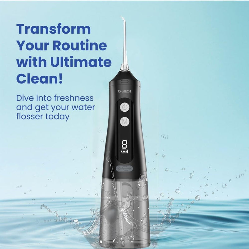 OraTECH Water Dental Flosser, Portable Cordless Oral Irrigator 350ML Rechargeable Travel IPX7 Waterproof Electric Flossing for Teeth Cleaning (Black) Black