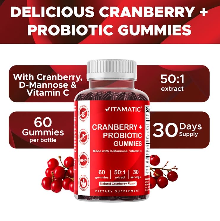 Vitamatic Cranberry + Probiotic Gummies with D-Mannose, 60 Gummies | 50:1 Extract, Supports Urinary Tract Health and Antioxidant*, Natural Cranberry Flavor, Non-GMO, Gluten Free 60 Count (Pack of 1)