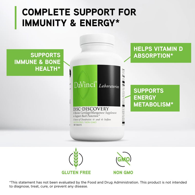 DAVINCI Labs Disc Discovery - Support Spinal Health & Back Function - with Vitamin C, Vitamin D3, Bovine Tracheal Cartilage, Apple Pectin & Horsetail Powder - Gluten-Free - 180 Capsules