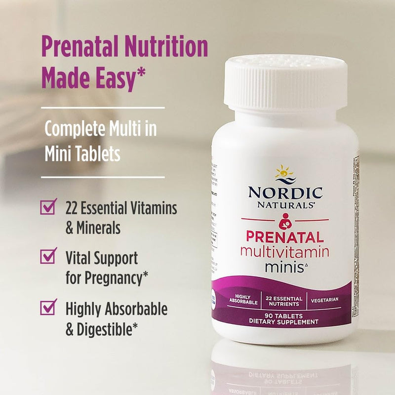 Nordic Naturals Prenatal Multivitamin Mini Tablets, Vegetarian - 90 Count | 22 Essential Nutrients - Folate, Iron, B6, D3. Easy-to-Swallow Mini Tablets. Supports Pregnancy & Baby Development. Non-GMO.