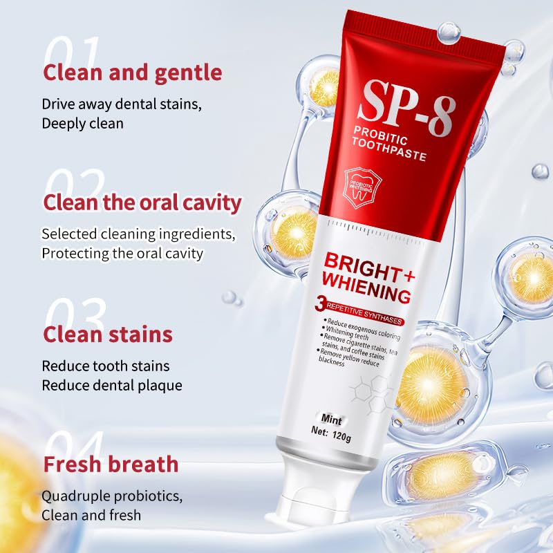 SP-8 Probiotics Whitening Toothpaste - Probiotics for Teeth Whitening and Gum Health - Enamel-Safe, Fluoride-Free, Double Mint Flavor,Fresh Breath (4)