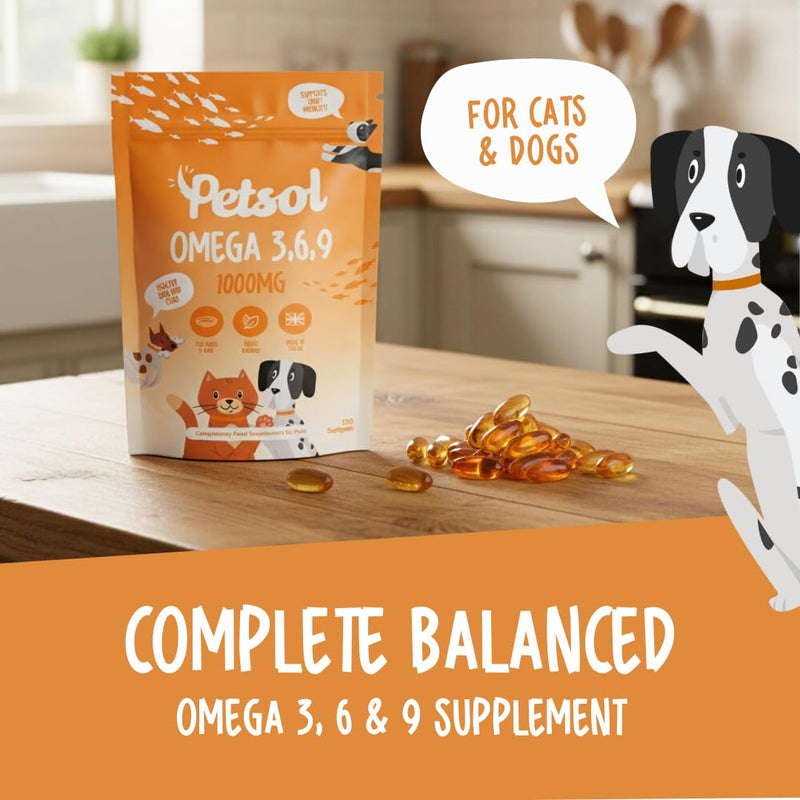 Omega 3 for Dogs & Cats, Omega 369 Fish Oil for Dogs & Cats 1000mg, 120 Softgel Capsules. Seed & Fish Oil Supplement for Healthy Joints, Skin & Coat, Brain, Heart & Immune Health & Vitality.
