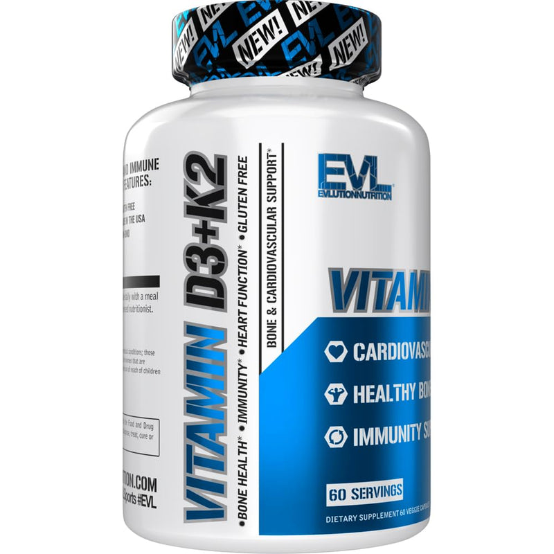 EVL Vitamin D3 K2 Supplement - 5000IU Vitamin D - 90mcg VIT K - 60 Servings | For Heart, Bone and Immune System Support - High Absorption - Gluten Free Veggie Capsules
