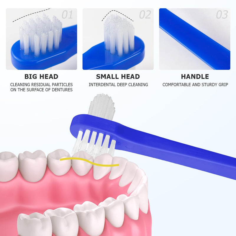 3Pcs Denture Brush Double Heads Toothbrush Multi Layered Hard Hygiene Denture Cleaner T-Shape False Teeth Cleaning Tool (Red,White,Blue) - BeesActive Australia