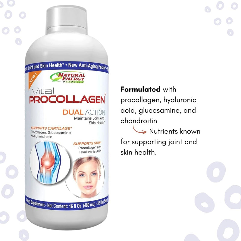 Natural Energy Vital Procollagen - Liquid Hydrolyzed Collagen Protein with Hyaluronic Acid and Glucosamine Chondroitin Sulfate Anti-Aging Factor for Men and Women 16oz |New Snickerdoodle Flavor| 1