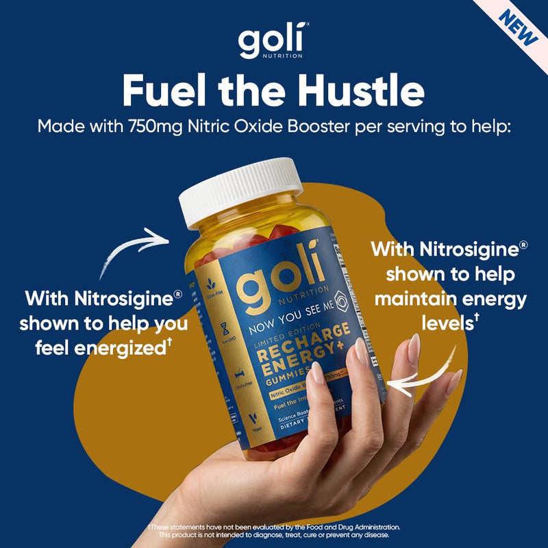Goli Recharge Energy+ Gummies, Nitrosigine® Bonded Arginine Silicate, Vitamin C & Vitamin B6, 60 Gummies, Vegan, Non-GMO, Gluten-Free, Gelatin-Free