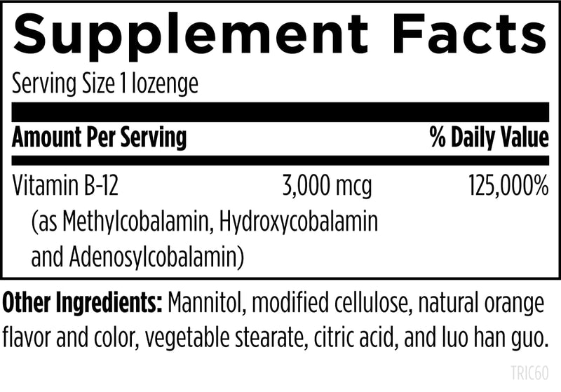 Designs for Health B12 Tricobalamin Lozenges - 3000mcg Triple B12 Quick Dissolve Tablets with Methylcobalamin, Adenosylcobalamin + Hydroxocobalamin - Natural Orange Flavor (60 Lozenges)