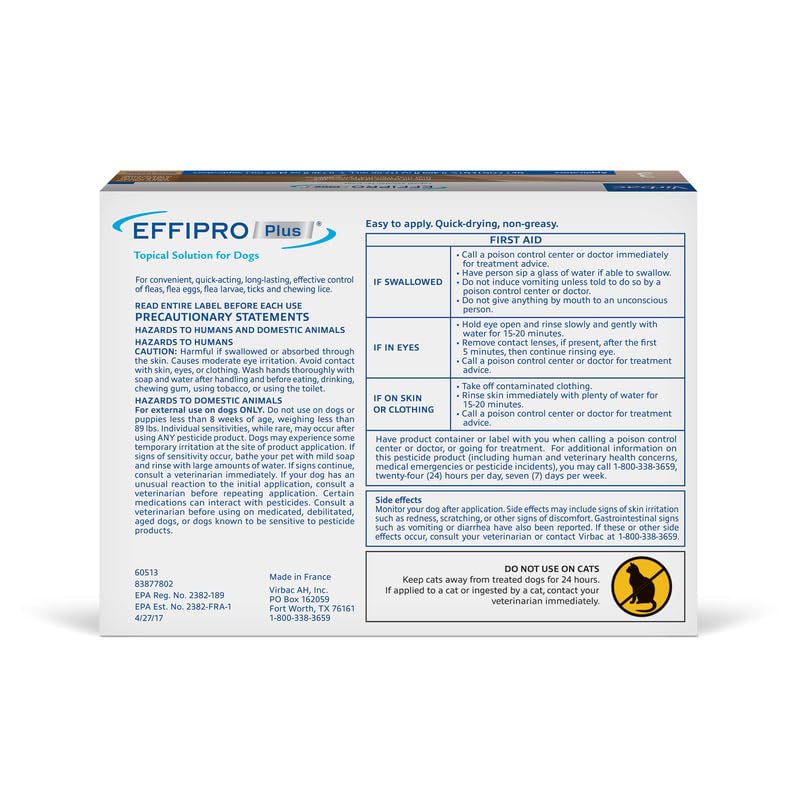 EFFIPRO PLUS Topical Solution for Dogs - Waterproof Dog Flea and Tick Treatment for X-Large Dogs (89-132lbs) 3 Doses by Virbac
