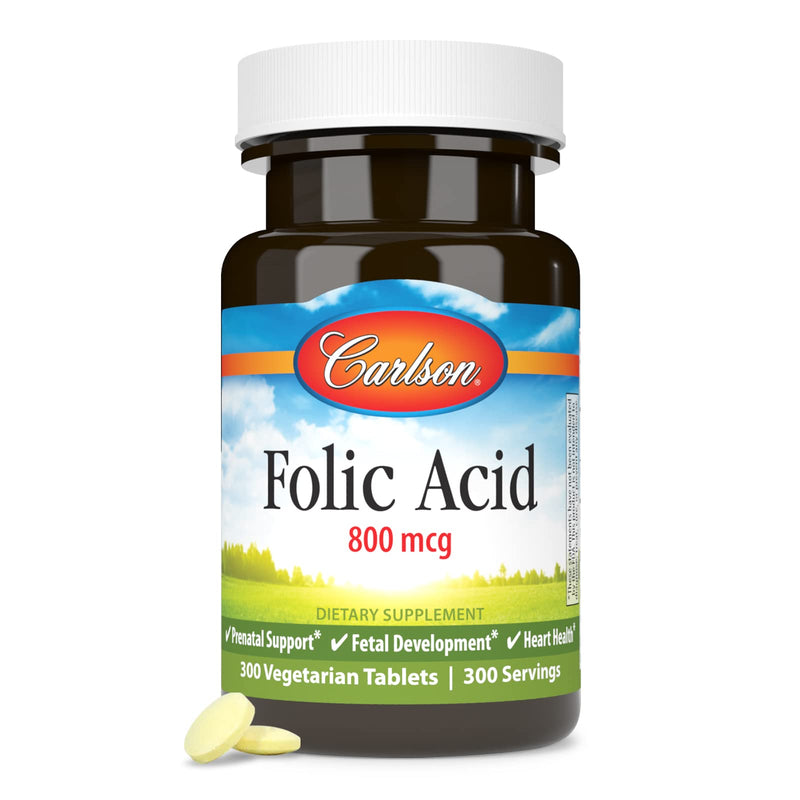 Carlson Folic Acid, 800 mcg, Prenatal Support, 300 Tablets | Fetal Development; Important B Vitamin for Pregnant Women 300 Count (Pack of 1)