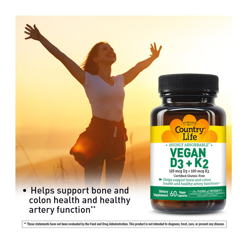 Country Life Vegan D3 + K2, MK-4 and MK-7, 60 Capsules | Provides 5,000 IU vitamin D3 and 100 mcg vitamin K2 from MK-4 and MK-7 60 Count (Pack of 1)