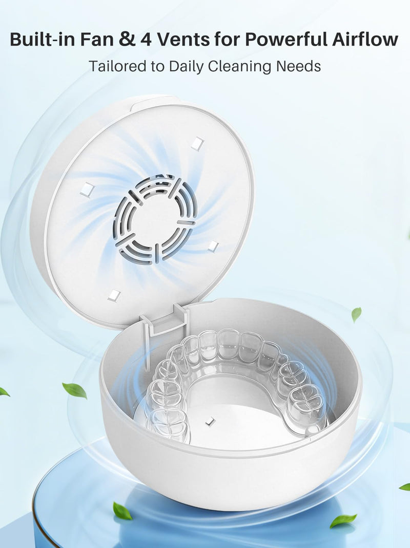 Voraiya UV Retainer Case with Fan, Portable Cleaning Denture Cases with UV Lights Rechargeable Retainers Cleaner Container for Partial Denture, Aligners, Mouth Guard, Night Guard, Braces White