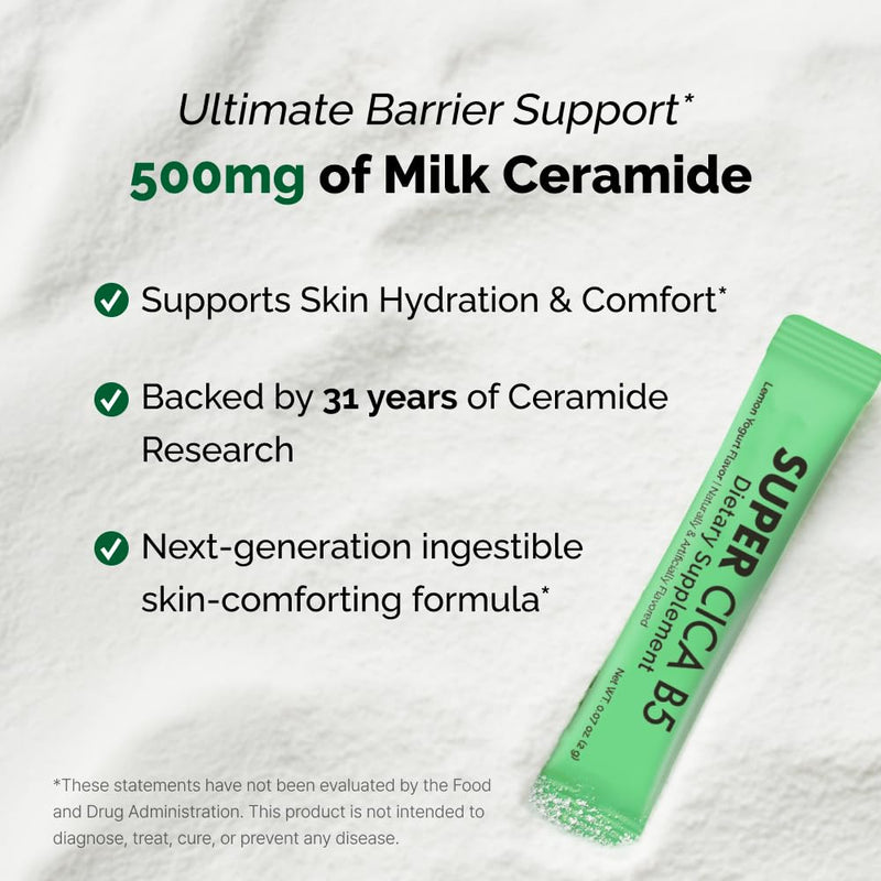 VITALBEAUTIE Super CICA B5 – Ingestible Ceramide Powder Stick Packs – K‑Beauty Skin Supplement for Skin Balance – Lemon Yogurt Flavor (Naturally & Artificially Flavored) – 30 Sachets