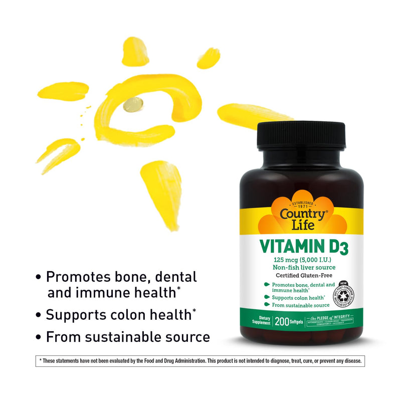 Country Life Vitamin D3 125 mcg 5000 IU, Gluten-Free, 200 Softgels | Supports bone, dental, immune and colon health while helping the body absorb calcium 200 Count (Pack of 1)