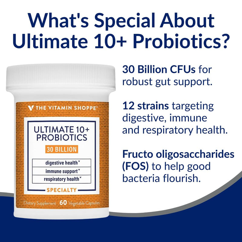 The Vitamin Shoppe Brand Ultimate 10+ Probiotics, 13B CFUs, 60 Capsules | Digestive & Immune Support, Multi-Strain Probiotic Supplement for Men & Women, Gluten Free, Non GMO, Vegetarian 60 Count (Pack of 1)