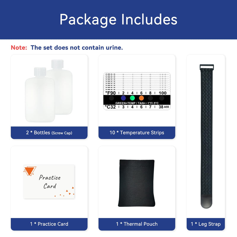 Urine Test Complete Kit - Smaller 3oz Translucent Empty Bottle, Non-Falling and Hi-Stretch Hidden Leg Strap, Urine Test Temperature Strips and Velour Lining Sample Bag, Urine Test Practice Kit at Home Screw cap