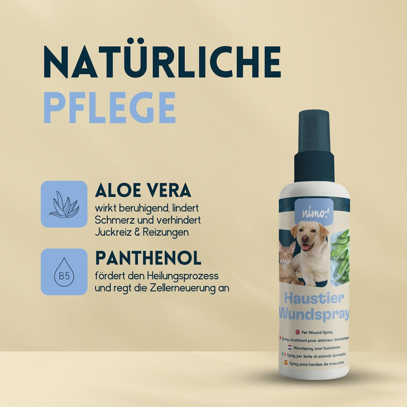 nimo® pet wound spray with aloe vera & panthenol | Wound care for dogs & cats | Regeneration of the skin for wounds, inflammation and irritation | Scar and wound spray against itching and scratching - BeesActive Australia