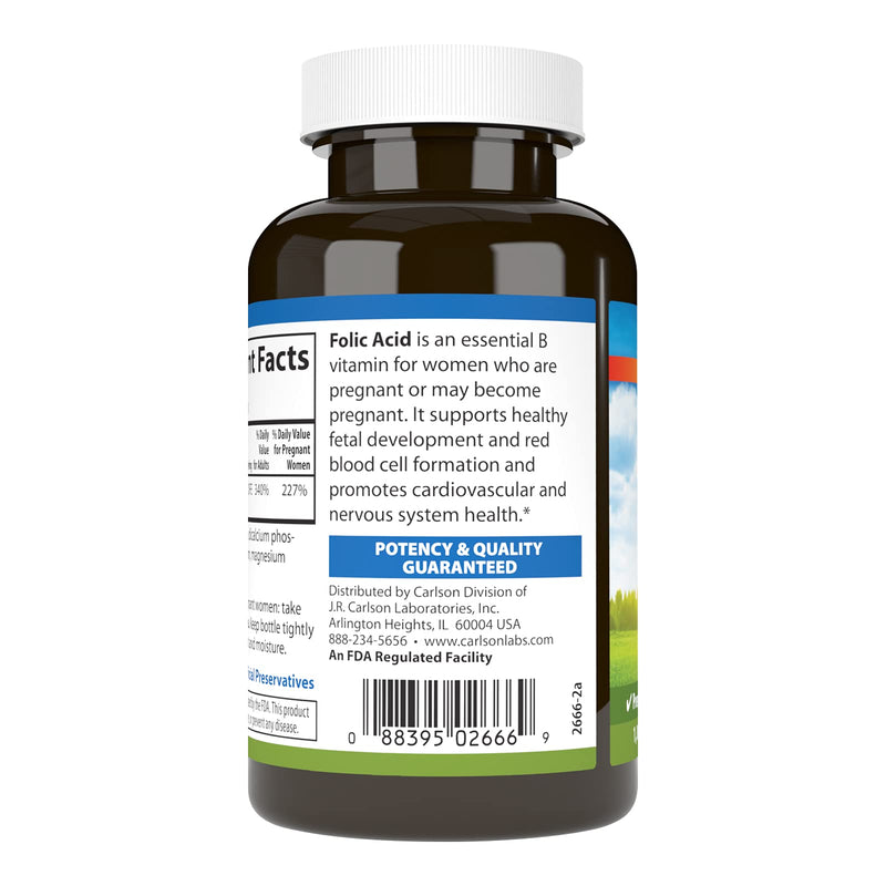 Carlson Folic Acid, 800 mcg, Prenatal Support, 1000 Tablets | Fetal Development; Important B Vitamin for Pregnant Women 1000 Count (Pack of 1)