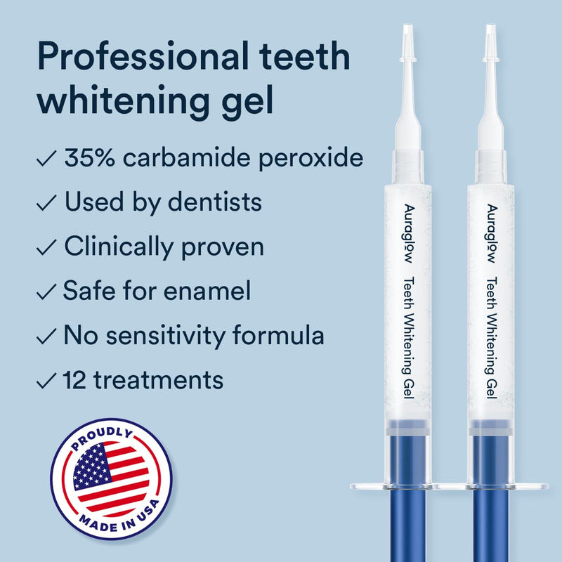 Auraglow Teeth Whitening Kit, Wired LED Accelerator Light, 35% Carbamide Peroxide Teeth Whitening Gel, 12 Whitening Treatments, (2) 3mL Whitening Gel Syringes, Whiten Teeth Faster 0.2 Fl Oz (Pack of 1) - BeesActive Australia