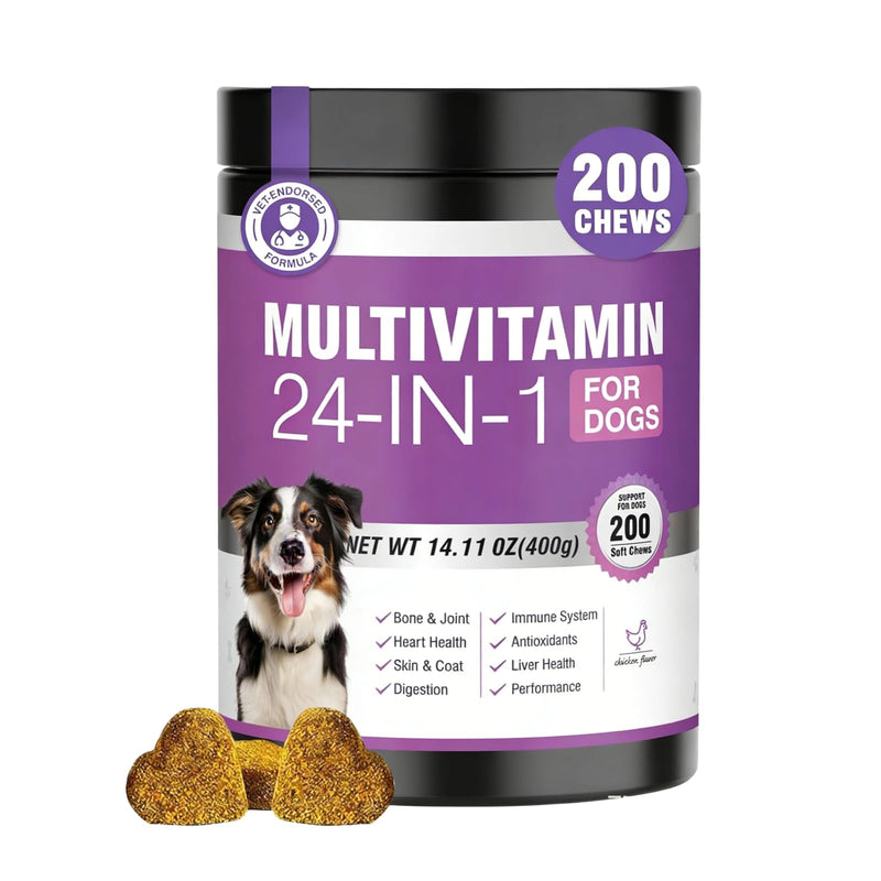 24-in-1 Dog Vitamins and Supplements, Dog Multivitamin Chewable with Glucosamine, Chondroitin, Probiotics & Omega 3 for Skin and Coat, Hip and Joint, Gut and Immune Support, 200 Chews