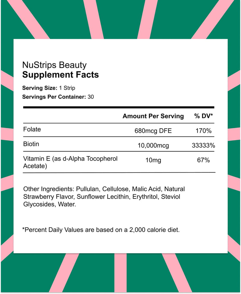NuStrips™ Fast-Dissolving Beauty Strips with Biotin, Folate & Vitamin E – Hair, Skin & Nails Supplement – Supports Hair Growth & Reduces Hair Fall – Non-GMO, Vegan – Delicious Strawberry (30 Strips)