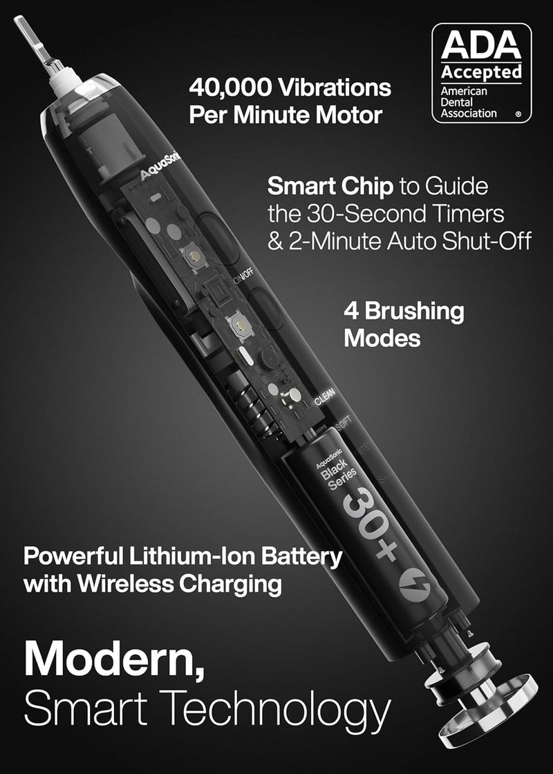 Aquasonic Black Series Ultra Whitening Toothbrush – ADA Accepted Electric Toothbrush- 8 Brush Heads & Travel Case – 40,000 VPM Electric Motor & Wireless Charging - 4 Modes w Smart Timer 1 Count (Pack of 1) - BeesActive Australia