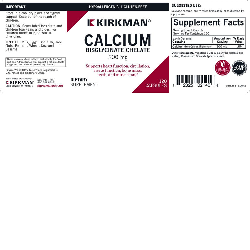 Kirkman - Calcium Bisglycinate Chelate 200mg - 120 Capsules - Without Vitamin D3 - Helps Maintain Strong Bones - Hypoallergenic