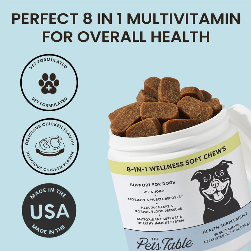The Pets Table 8 in 1 Soft Chew Dog Vitamins, Chicken Flavored All in One Supplement for Dogs - Dog Multivitamin Supports Mobility, Gut & Heart, 50 Chews