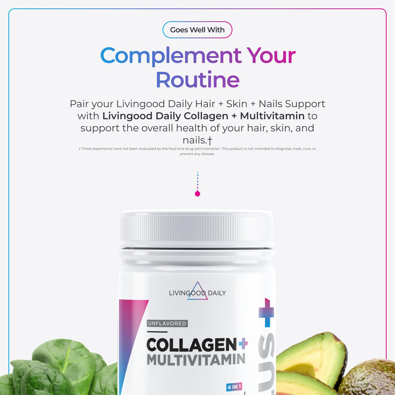 Livingood Daily Hair, Skin & Nails Vitamins, Biotin + Collagen, 60 Capsules | 14-in-1 Supplement for Healthy Hair Growth, Clear Skin, and Nail Strengthener, Biotin + Collagen + Keratin, Made in USA
