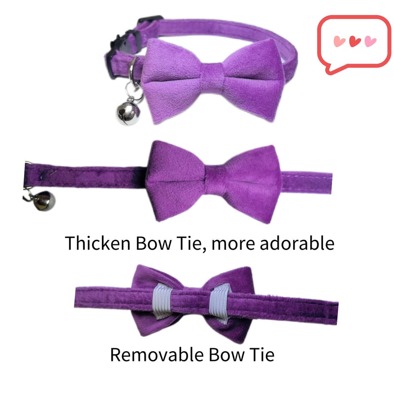 Cat Collar with Bells, Bow Tie Removable, Breakaway Safety Buckle, Soft Velvet Cute, Adjustable for Girl Boy Kitty Kitten Small Pets, 7"-11", Purple Purple, Pack of 1 - BeesActive Australia