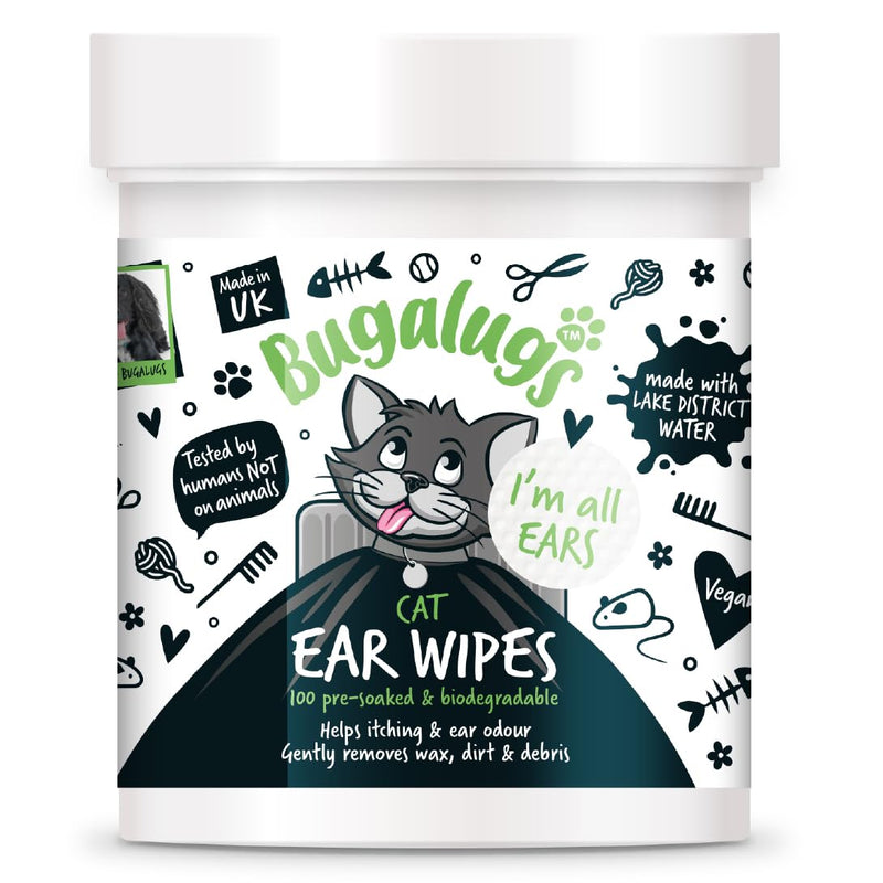 BUGALUGS Cat Ear Cleaner Cat Wipes 100 Biodegradable textured pre-soaked cat ear wipes. Pet Wipes Cat Ear Cleaner Solution Stops Head Shaking, Itching & Waxy Ears (100 Wipes)