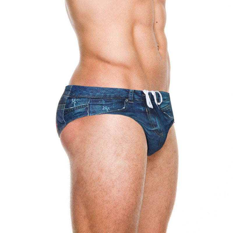 PJ PAUL JONES Men's Swim Brief Denim Print Swim Trunks Drawstring Waist Swimsuit Bikini Briefs XX-Large Navy Blue - BeesActive Australia