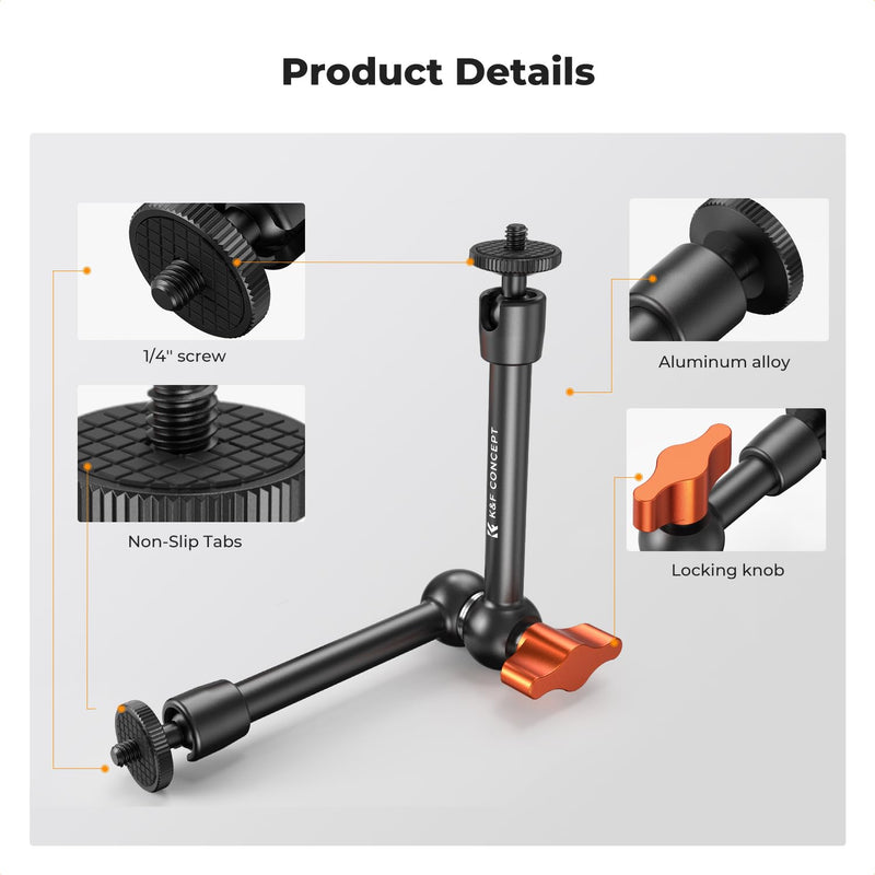 K&F CONCEPT 9.8" Magic Arm, 1/4" Screw Camera Mount Arm 360° Ball Heads for DSLRs, Monitor, Flash, LED Light, Microphone, Camera Cage, Action Camera 9.8" Arm