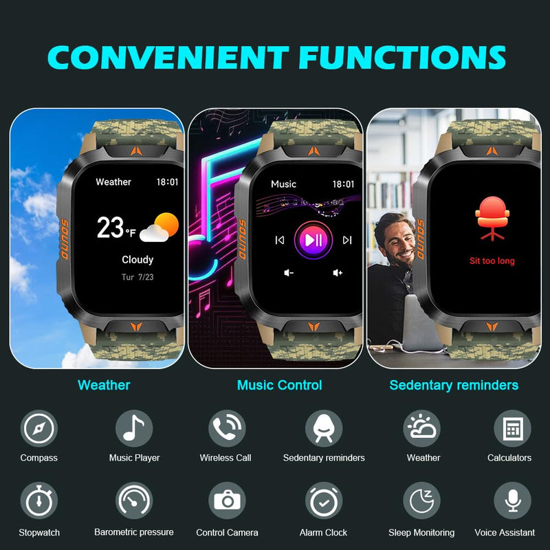 QTLLBT Military Outdoor Watch Altimeter Barometer Compass Tactical Smart Fitness Watch Heart Rate Sleep Monitor 100+ Sport Modes Fitness Available for Android and iOS (Camouflage Yellow) Camo Yellow - BeesActive Australia