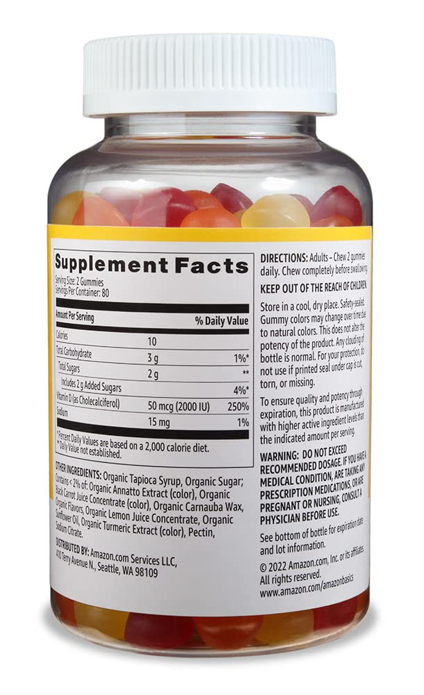 Amazon Basics Vitamin D3 2000 IU Gummies, Orange, Lemon & Strawberry, 160 Count (2 per Serving) (Previously Solimo) 160 Count (Pack of 1) - BeesActive Australia