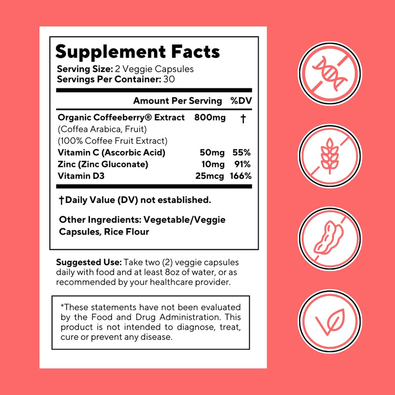 Vitacoffee Caffeine Pills - Coffee Fruit, Vitamin C, Vitamin D, Zinc Gluconate - Energy, Memory, Focus, Antioxidant, Skin Support - 60 Veggie Capsules - Non-GMO, Gluten-Free, Vegan Supplement 60 Count (Pack of 1)