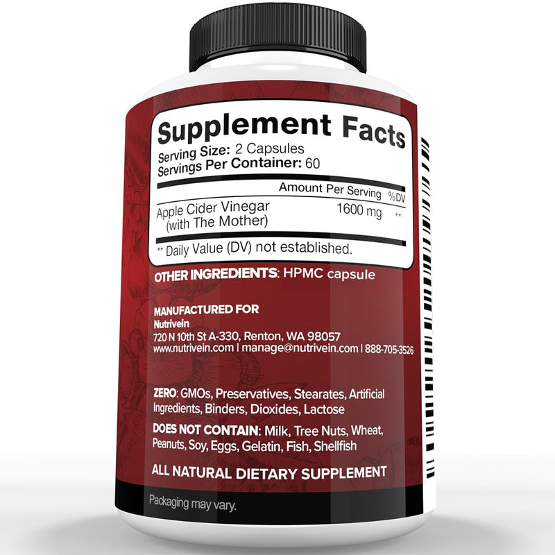 Nutrivein Premium Apple Cider Vinegar Supplements - 1600 mg - 120 Caps 120 Count (Pack of 1)