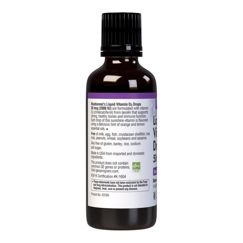 Bluebonnet Vitamin D3 2000IU 50mcg Strong Bones & Immune Support Supplement - Liquid Vitamins for Women & Men - Lanolin Vit D Drops with MCT Oil - Non-GMO, Vegetarian - Citrus Flavor - 1 Fl Oz | Non-GMO, Vegetarian
