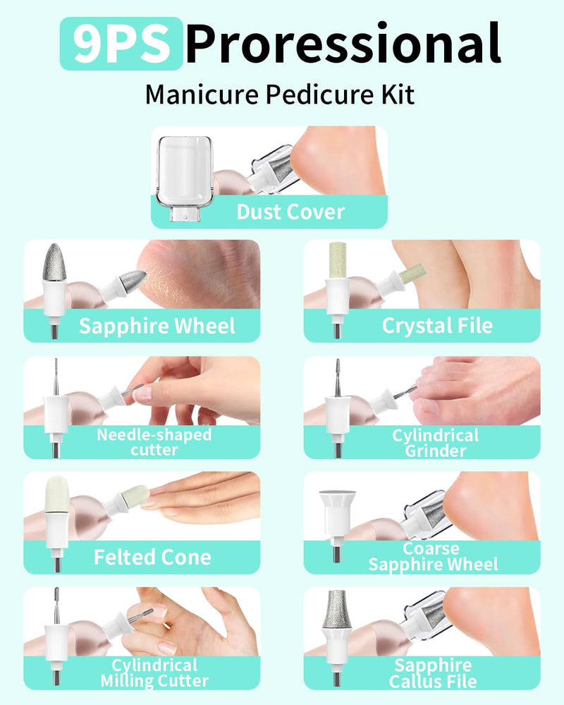 Manicure Pedicure Kit for Women, Professional Nail Grinder for Senior Thick Toenail, Cordless Electric Nail File, 5 Speeds Pedicure Tools for feet Callus Remover, Nail Drill for Women Hand Feet Care Blue