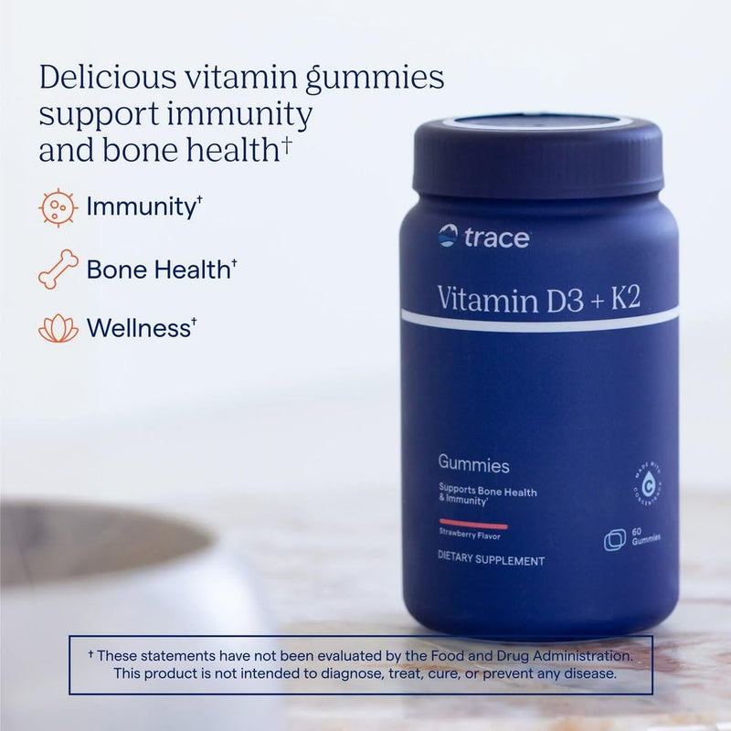 Trace Minerals Vitamin D3 + K2 Gummies, 60 Servings, Strawberry | Plant-based chewable, Bone and heart support, Calcium absorption aid, 1 gummy up to 3 times daily, Ionic trace minerals