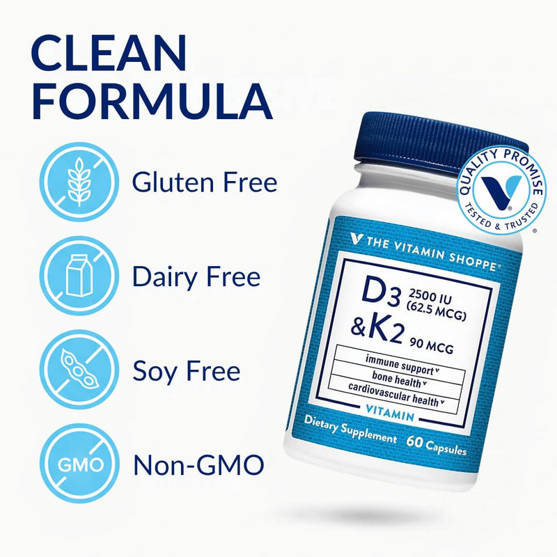 The Vitamin Shoppe Brand Vitamin D3 2500 IU & K2 90 MCG, 60 Capsules | Includes Calcium, D3, K2 & MK7 for Bone Health, Immune Support & Cardiovascular Health, Gluten Free