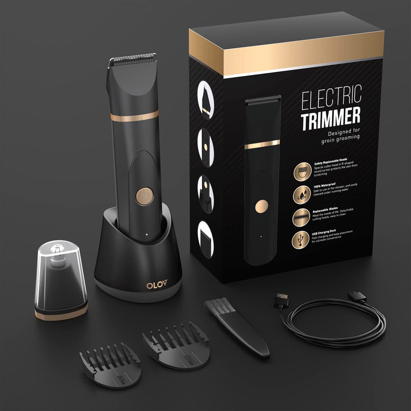 OLOV Electric Groin Hair Trimmer - Ball Trimmer for Men - Nose Hair Trimmer, Replaceable Ceramic Blade Heads, USB Recharge Dock & Nosetrimmer Head, Waterproof Male Hygiene Razor Black Trimmer - BeesActive Australia