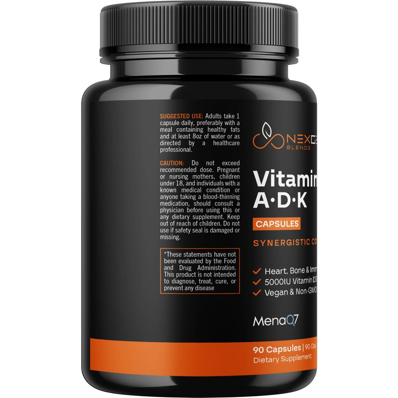 High Absorption ADK Vitamin Supplement - Vegan Vitamin D3 K2 MK7 & A for Calcium Regulation plus Bone Heart Thyroid & Immune Support - Vitamin ADK with 5000IU D3 Non GMO & Gluten Free (3 Months) 90 Count (Pack of 1)