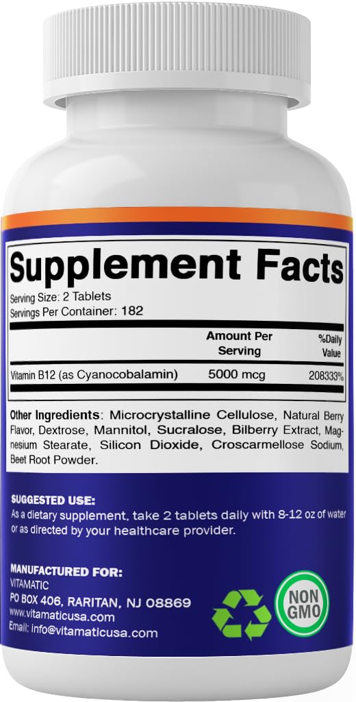 Vitamatic Vitamin B12 5000 mcg – 365 Fast Dissolve Tablets Berry Flavor – Supports Energy Production & Nervous System Health – Non-GMO, Gluten-Free- 2 Pack