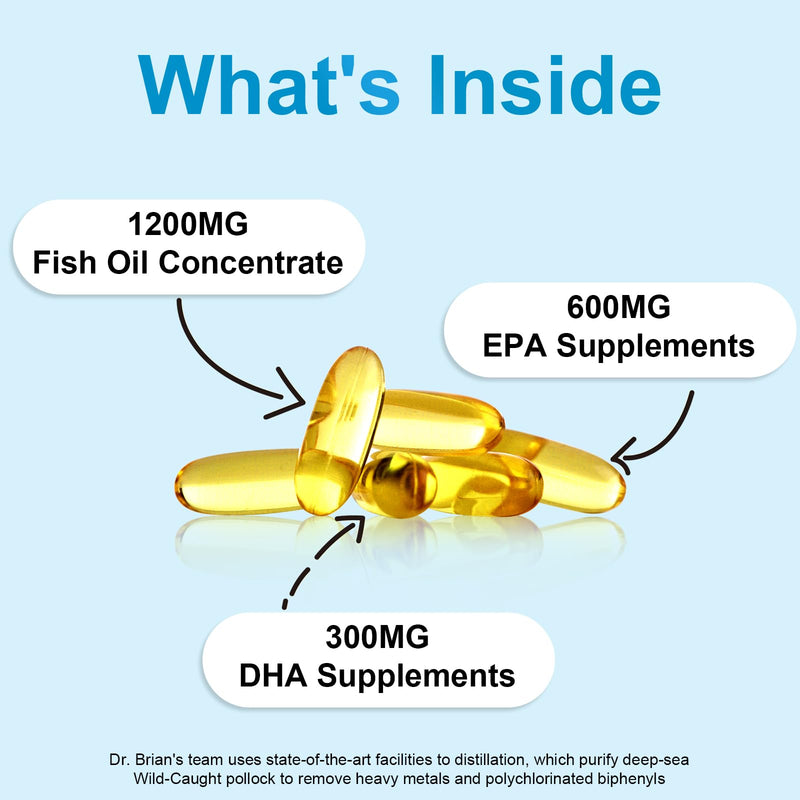 Dr. Brian Odorless Omega 3 Fish Oil Supplement 1200Mg for Heart Health | 600mg EPA & 300mg DHA, High Potency Fish Oil Softgels with Vitamin E, 180 Count 180 Count (Pack of 1)
