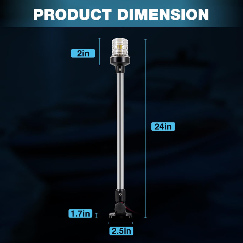 24 Inches Anchor Light Boat Stern Light Waterproof, White Fold Down Marine Navigation Lights for Boats LED for Pontoon, Jon Boats and Bass Boat (12-24V) 24 Inches