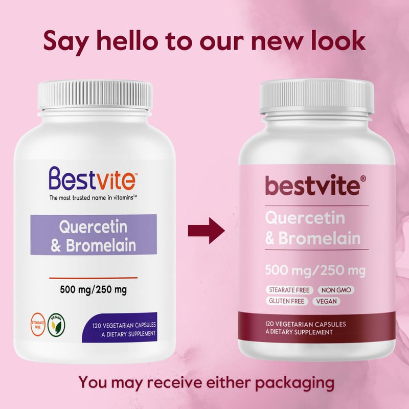 BESTVITE Quercetin with Bromelain 500mg/250mg (120 Veg Caps) - No Stearates | No Silicon Dioxide - Vegan - Non GMO - Gluten Free - Immune Support* - Respiratory & Antioxidant Support* 120 Count (Pack of 1)