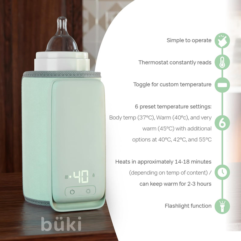 Büki Portable Bottle Warmer for Breastmilk or Baby Formula - Fast Heating + Leak-Proof + Adjustable Travel Warmer with Battery-Powered Temperature Display, Flashlight - 6000MAH Rechargeable Battery - BeesActive Australia