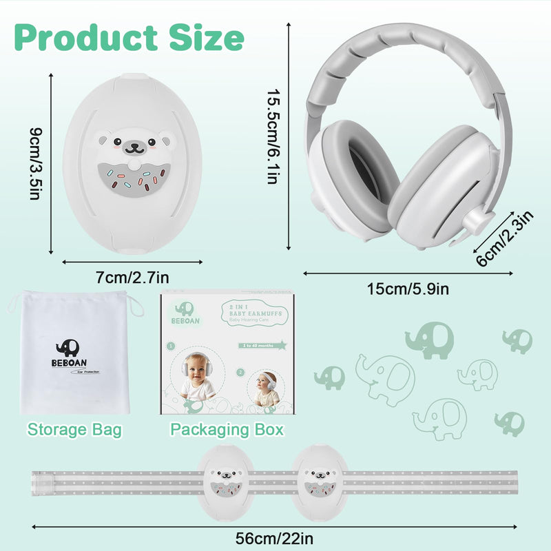 BEBOAN 2-in-1 Baby Ear Muffs Noise Protection for 0-36 Months, Noise Cancelling Headphones for Infant, Newborn Ear Protection for Airplane Travel, Toddler Sound Proof Grey